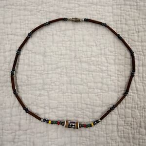 Brown & Multicolor Beaded Necklace 18 in Wood & Glass Beads Barrel Closure